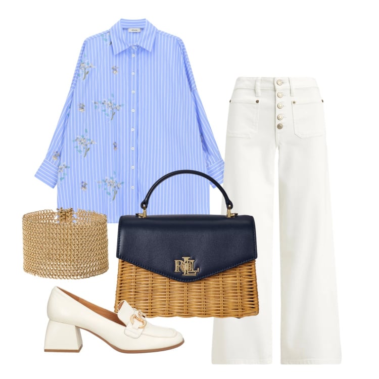 Outfit donna - Marzo. Stile Glamour per Tutti i giorni. Abbinamento con mocassini, borse a mano, braccialetti, jeans, camicie.