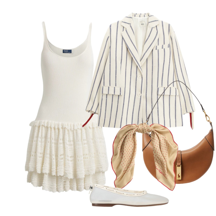 Outfit donna - Marzo. Stile Glamour per Tutti i giorni. Abbinamento con ballerine, blazer, borse a spalla, foulard, vestiti.