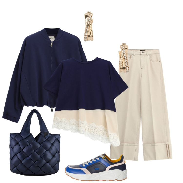 Outfit donna - Una serata piacevole. Stile Casual chic per Serata fuori. Abbinamento con sneakers, t-shirt, pantaloni a palazzo, bomber, borse tote, orecchini.