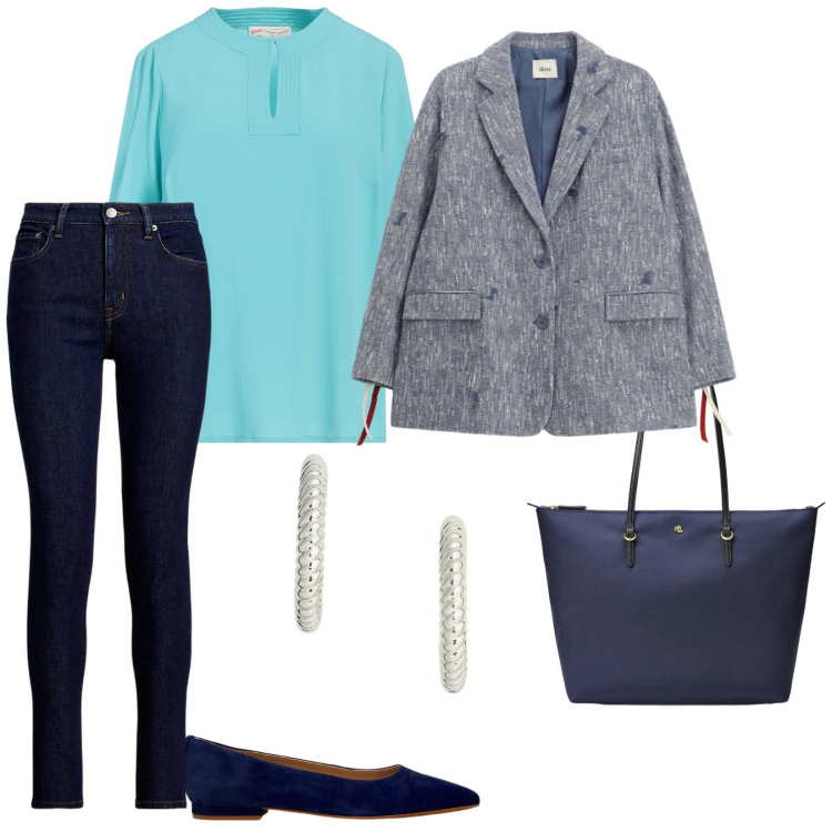 Outfit donna - I colori pastello. per Scuola/Università. Abbinamento con top, blazer, ballerine, jeans skinny, orecchini, borse tote.