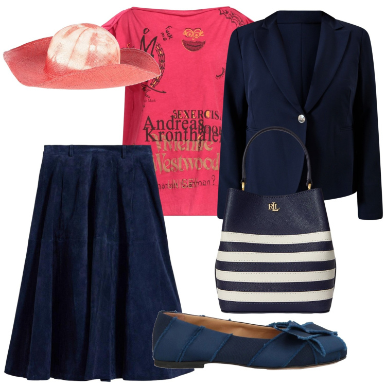 Outfit donna - Fine settimana. per Serata fuori. Abbinamento con t-shirt, ballerine, cappelli, gonne, blazer, borse a secchiello.