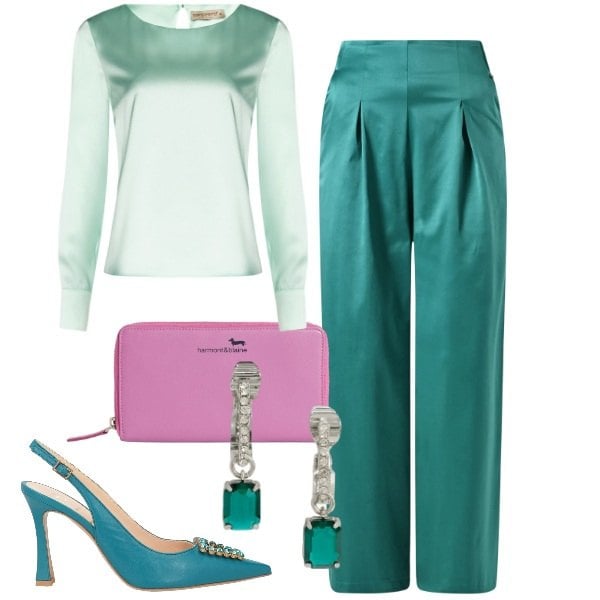 Outfit donna - Il potere dei colori pastello - FDCI. Stile Chic per Cerimonia. Abbinamento con décolleté, portafogli, bluse, pantaloni, orecchini.
