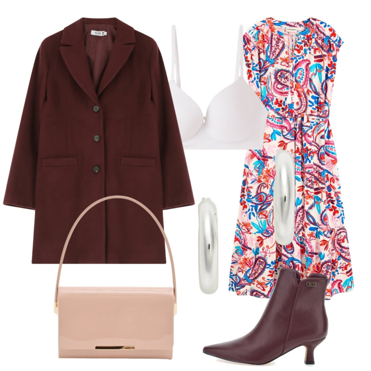 Outfit donna - Tra inverno e primavera. Stile Romantica per Cerimonia. Abbinamento con vestiti chemisier, reggiseni a balconcino, cappotti, pochette, orecchini, stivaletti.