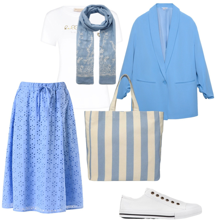 Outfit donna - Celeste. per Tutti i giorni. Abbinamento con sneakers, sciarpe, shopping bag, blazer, t-shirt, gonne longuette.