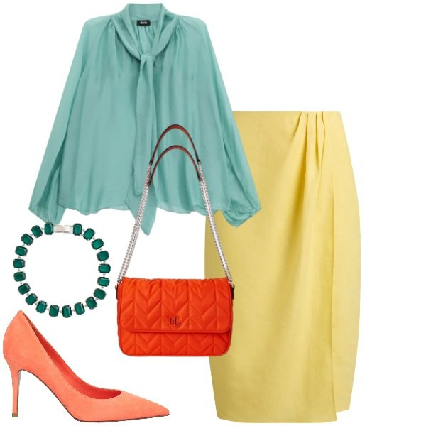 Outfit donna - Il potere dei colori pastello - FDCI. Stile Vintage retrò per Ufficio. Abbinamento con décolleté, bluse, gonne, braccialetti, borse a tracolla.