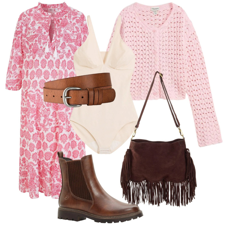 Outfit donna - bonprix - Look primaverili. Stile Boho per Tutti i giorni. Abbinamento con cardigans, vestiti midi/longuette, cinture, body, stivaletti, borse a tracolla.