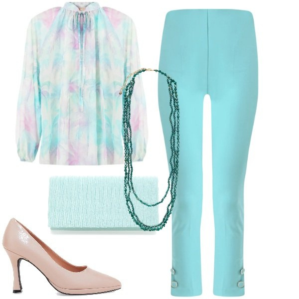 Outfit donna - Il potere dei colori pastello - FDCI. Stile Chic per Cerimonia. Abbinamento con collane, bluse, pantaloni, décolleté, pochette.