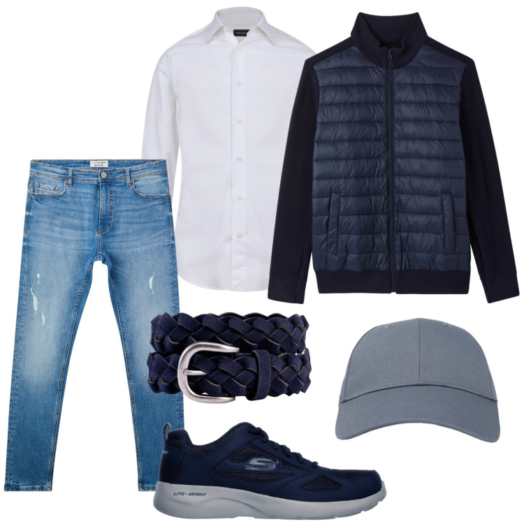 Outfit uomo - Giro in centro. Stile Casual per Tutti i giorni. Abbinamento con cappelli con visiera, giacche, jeans strappati, camicie, sneakers, cinture.