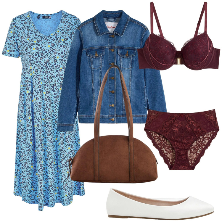 Outfit donna - bonprix - Look primaverili. Stile Bon Ton per Tutti i giorni. Abbinamento con vestiti midi/longuette, reggiseni, culotte, borse a tracolla, ballerine, blazer.