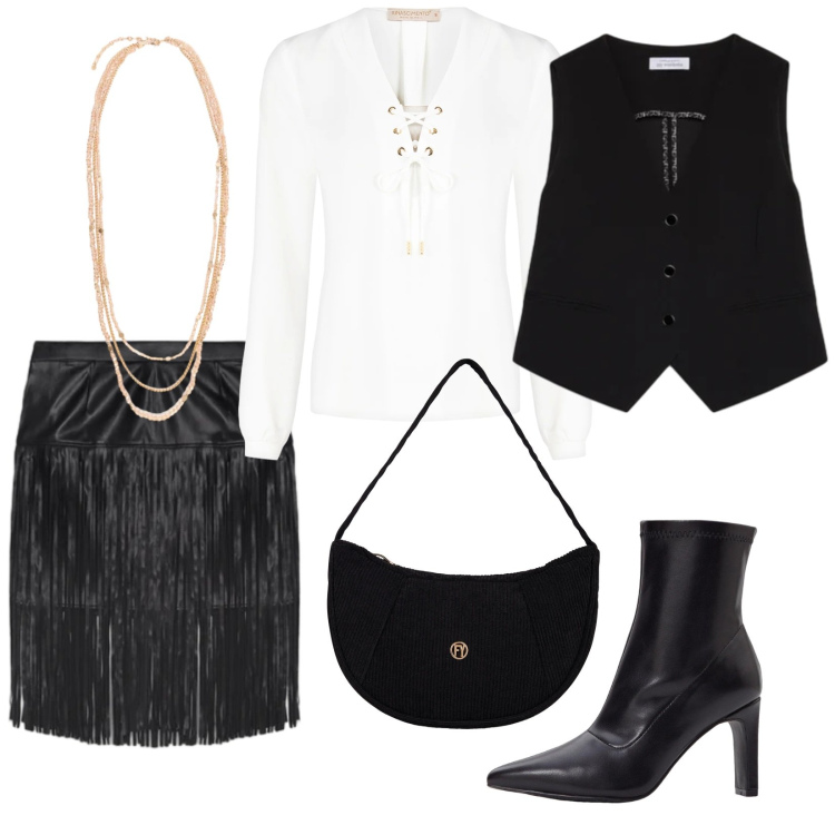 Outfit donna - Serata. Stile Glamour per Serata fuori. Abbinamento con stivaletti, gilet, minigonne, collane, borse a mano, bluse.