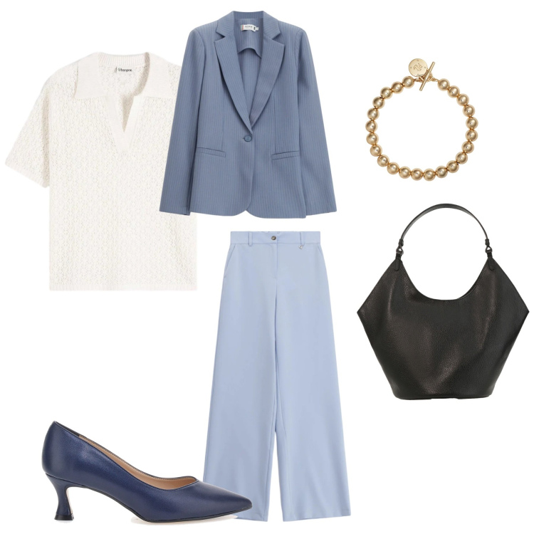 Outfit donna - Total look #2351622. Stile Casual chic per Ufficio. Abbinamento con polo, borse a spalla, pantaloni a palazzo, blazer, braccialetti, décolleté.