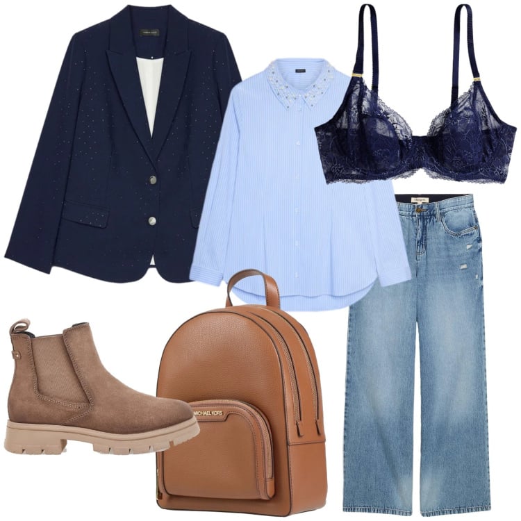 Outfit donna - In ufficio. Stile Minimal per Ufficio. Abbinamento con zaini, jeans, camicie, blazer, reggiseni, stivaletti chelsea.