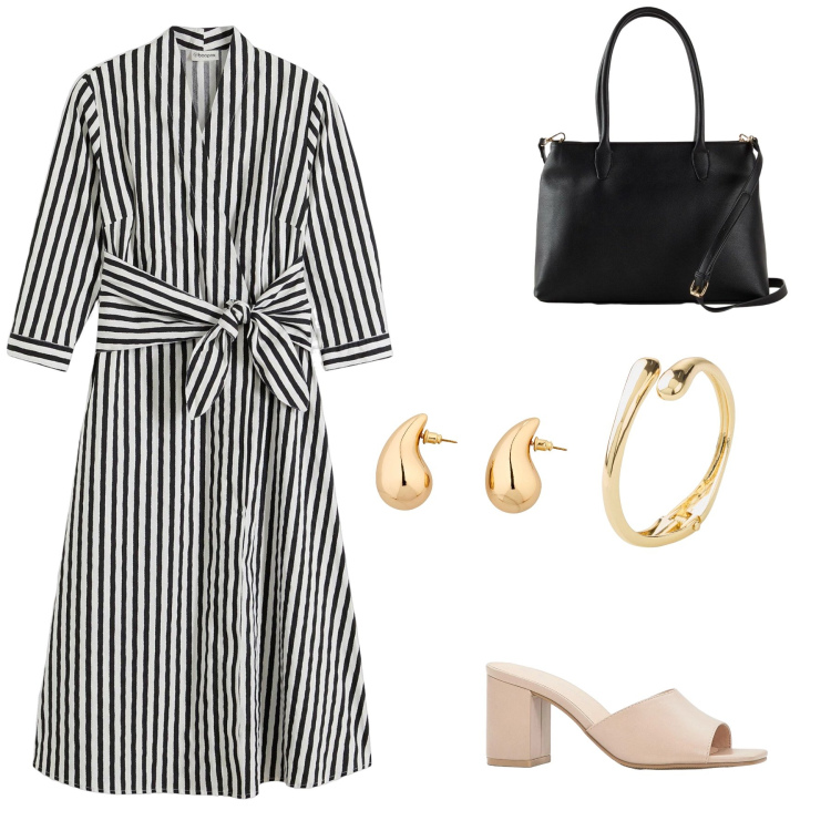 Outfit donna - City Chic: Linee Verticali ed Eleganza. Stile Bon Ton per Tutti i giorni. Abbinamento con vestiti midi/longuette, sandali col tacco, orecchini, braccialetti, borse a mano.