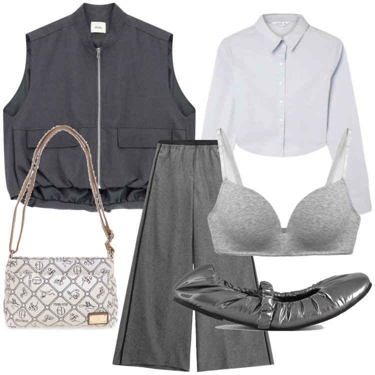 Outfit donna - Profondo grigio. Stile Minimal per Tutti i giorni. Abbinamento con reggiseni, camicie, blazer, pantaloni, borse a tracolla, ballerine.