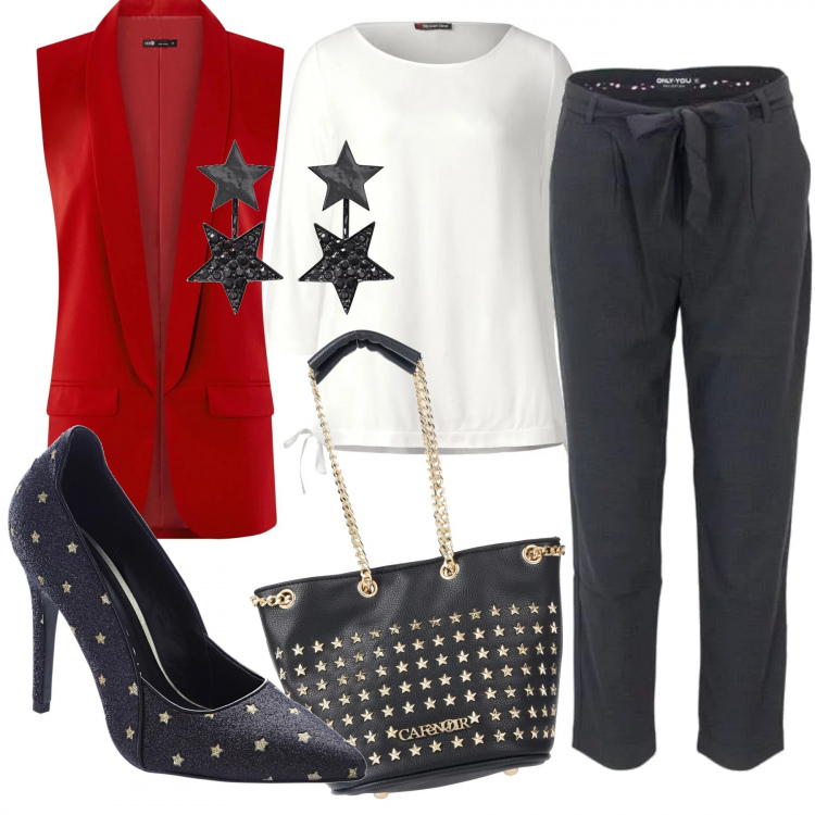 Outfit donna - Starlight. Stile Urban per Ufficio. Abbinamento con vestiti chemisier, orecchini con strass nero, borsa a mano mini con borchie e zip interno foderato in pelle sintetica tinta unita, pantalone nero, gilet a panciotto aderente rosso, t-shirt a maniche lunghe con orlo beige e bianco.
