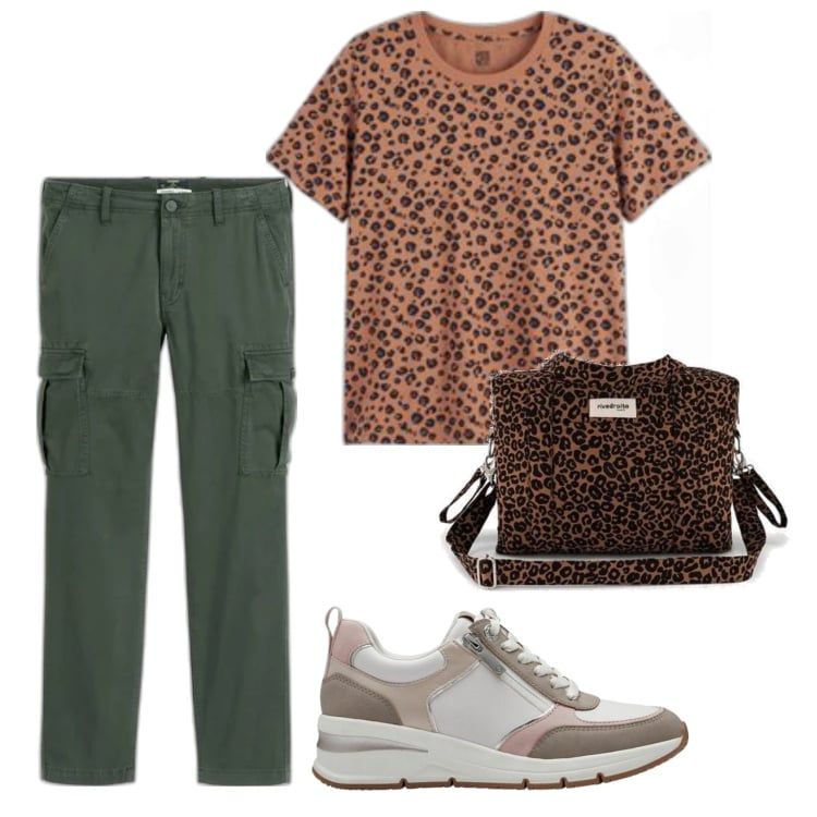 Outfit mujer - Casual look. Estilo Casual para Todos los días. Combinación con sneakers, pantalones cargo, bandoleras, camiseta.