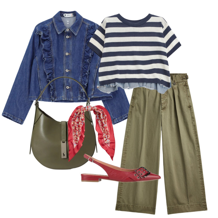 Outfit donna - Marzo. Stile Casual per Tutti i giorni. Abbinamento con ballerine, blazer, t-shirt, pantaloni, borse a spalla, foulard.