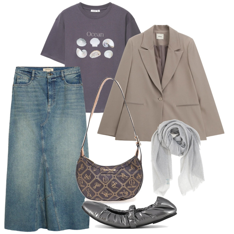 Outfit donna - Blue is the New Season. Stile Casual chic per Tutti i giorni. Abbinamento con gonne, t-shirt, blazer, borse a tracolla, ballerine, foulard.