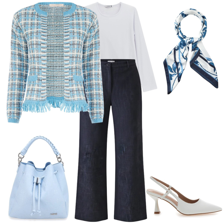 Outfit donna - Azzurro Pastello: Raffinatezza Primaveri. Stile Chic per Ufficio. Abbinamento con foulard, t-shirt, jeans dritti, blazer, décolleté, borse a secchiello.