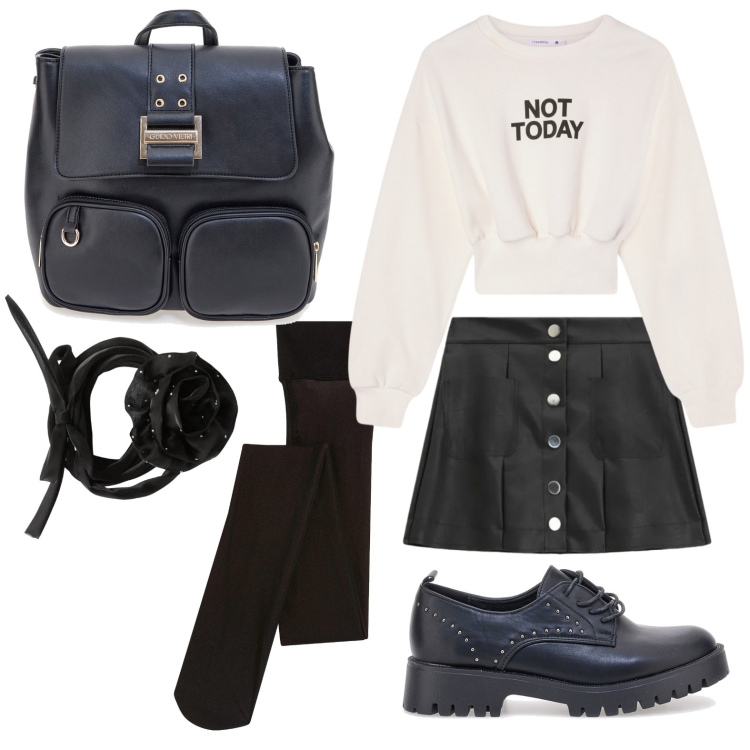 Outfit donna - Bianco e nero per la scuola. Stile Rock per Scuola/Università. Abbinamento con collant, felpe, collane, minigonne, scarpe stringate, zaini.