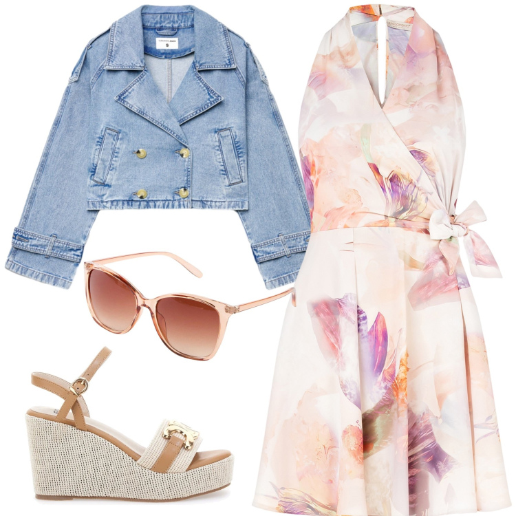 Outfit donna - Spring Breeze: L\'abito perfetto. Stile Romantica per Tutti i giorni. Abbinamento con occhiali da sole, caban, vestiti corti, zeppe.