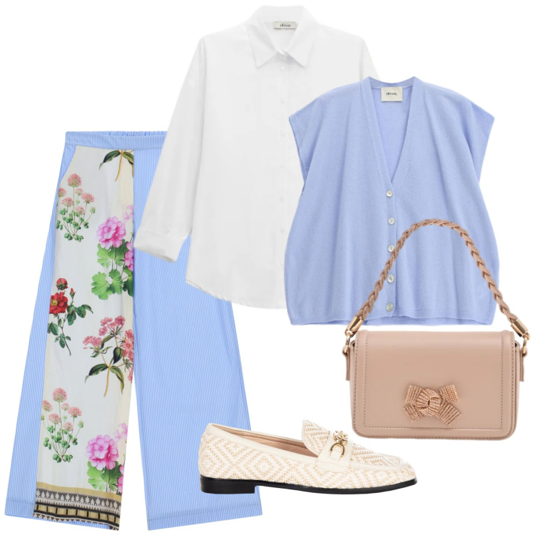 Outfit donna - Aria di primavera. Stile Romantica per Tutti i giorni. Abbinamento con camicie, gilet, pantaloni a palazzo, pochette, mocassini.