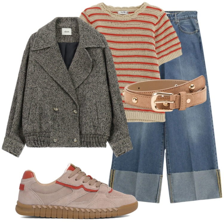 Outfit donna - Jeans con risvolto. Stile Casual per Ufficio. Abbinamento con cinture, jeans, cappotti, t-shirt, sneakers.