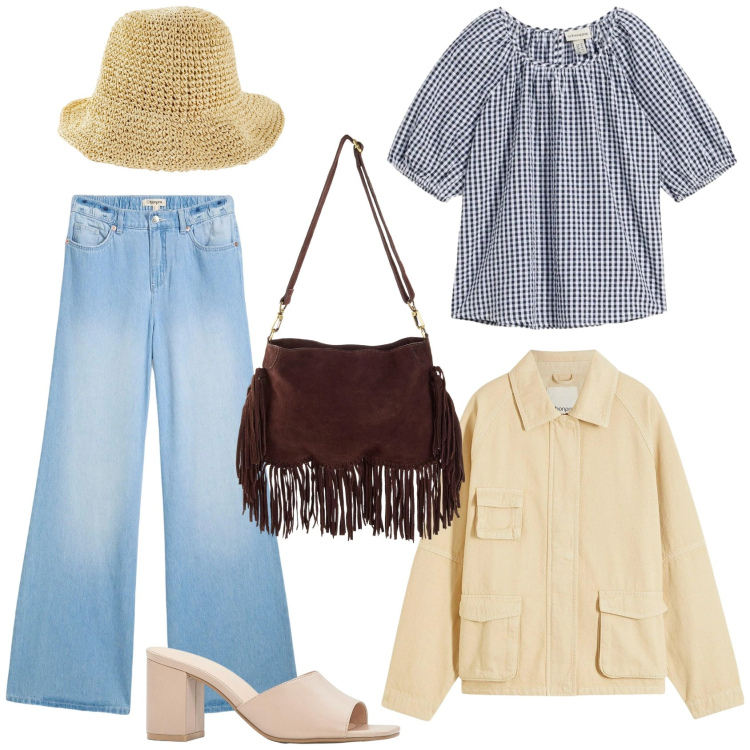 Outfit donna - Bonprix look primaverili. Stile Glamour per Tutti i giorni. Abbinamento con bluse, jeans, blazer, borse a tracolla, cappelli, sandali col tacco.