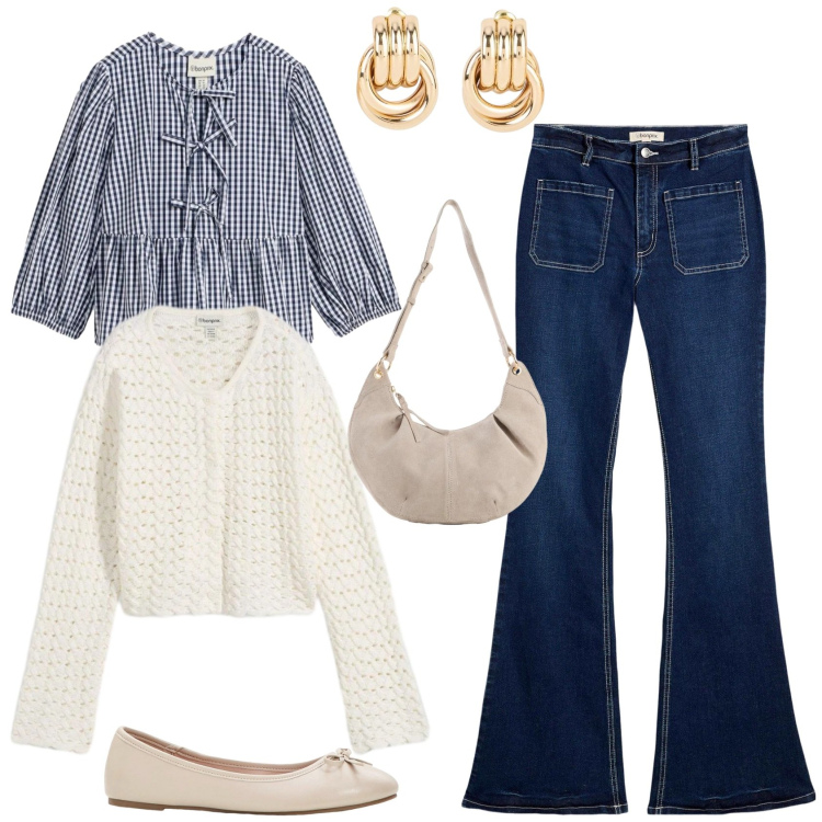 Outfit donna - Bonprix look primaverili. Stile Bon Ton per Tutti i giorni. Abbinamento con bluse, ballerine, jeans bootcut, orecchini, borse a tracolla, cardigans.