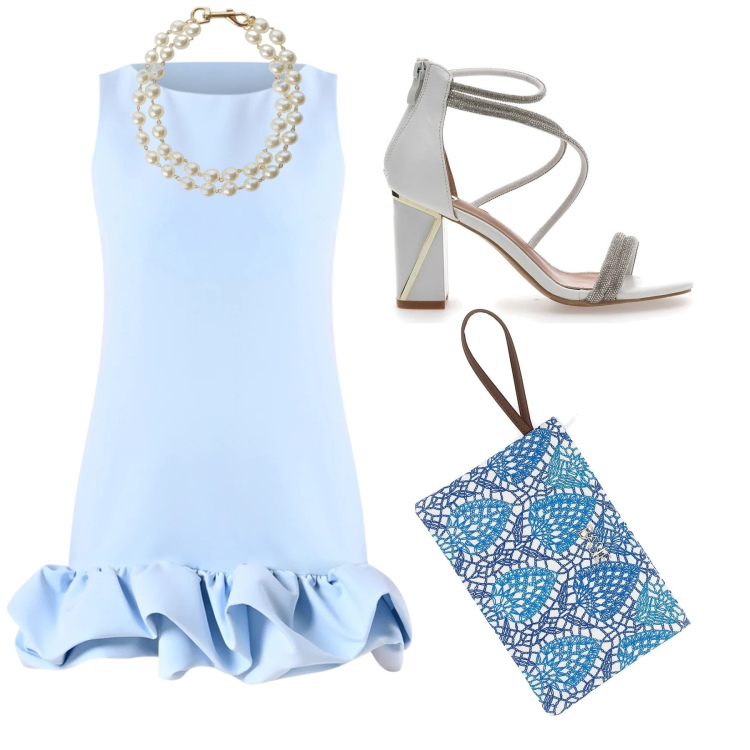 Outfit donna - Azzurro Polvere: Eleganza a Balze. Stile Chic per Cerimonia. Abbinamento con braccialetti, vestiti corti, sandali col tacco, pochette.
