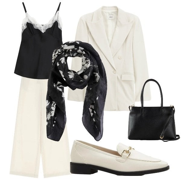 Outfit donna - lara. Stile Casual chic per Serata fuori. Abbinamento con mocassini, foulard, borse a mano, blazer, pantaloni a palazzo, top.
