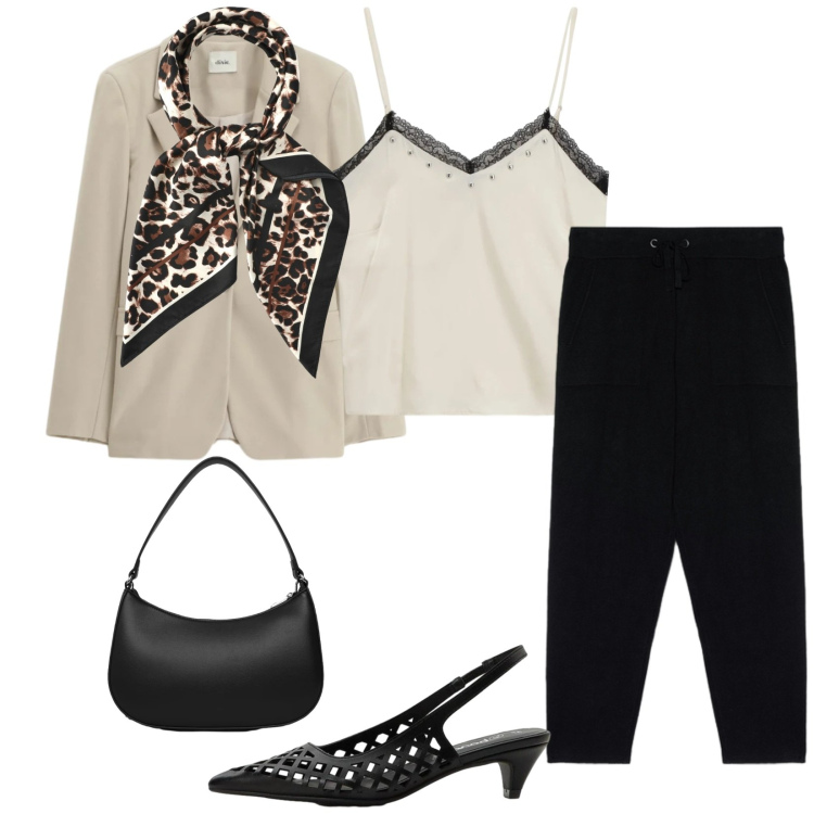 Outfit donna - Total look #2351704. Stile Chic per Tutti i giorni. Abbinamento con décolleté, foulard, borse a tracolla, pantaloni, blazer, top.