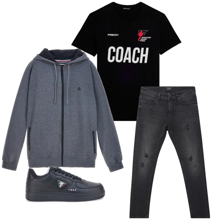 Outfit uomo - Total look #2351705. Stile Casual per Tutti i giorni. Abbinamento con jeans strappati, t-shirt, felpe con cappuccio, sneakers.