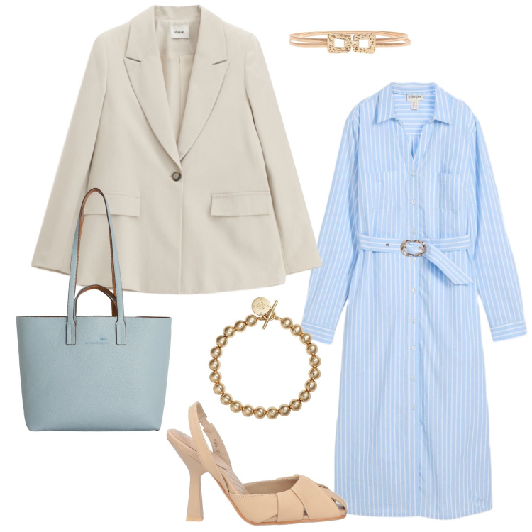 Outfit donna - Blue Sky & Golden Details. Stile Glamour per Tutti i giorni. Abbinamento con décolleté, vestiti chemisier, shopping bag, blazer, cinture, braccialetti.