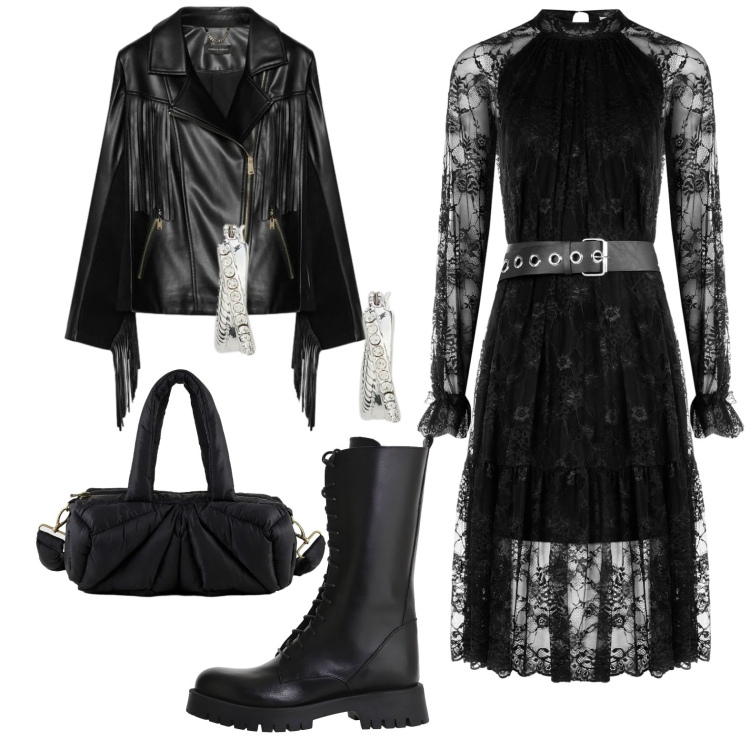 Outfit donna - Invito ad un aperitivo e poi cinema. Stile Rock per Serata fuori. Abbinamento con giacche, stivali, vestiti midi/longuette, borse a mano, orecchini.