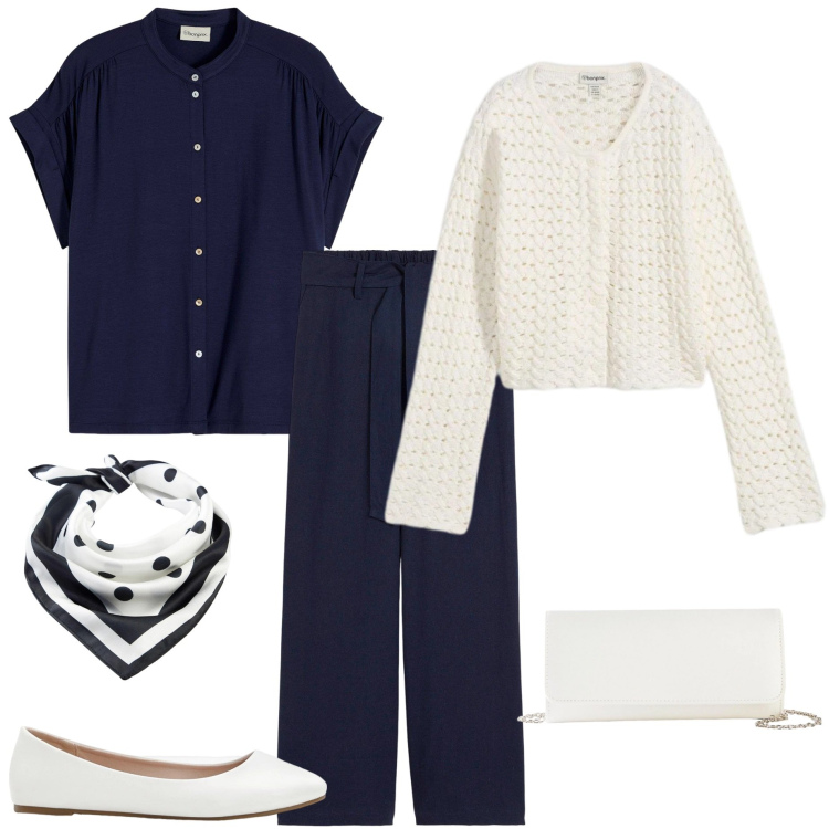 Outfit donna - Look primaverile. Stile Basic per Tutti i giorni. Abbinamento con camicie, cardigans, pantaloni culotte, foulard, ballerine, pochette.