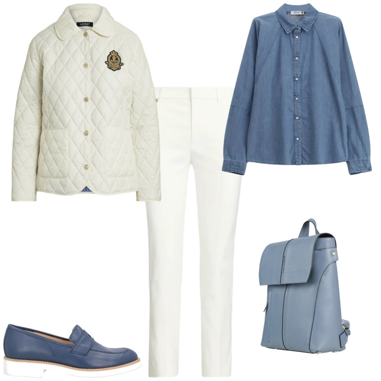 Outfit donna - Trendy ufficio week end. Stile Trendy per Tutti i giorni. Abbinamento con mocassini, zaini, camicie, giacche, pantaloni.