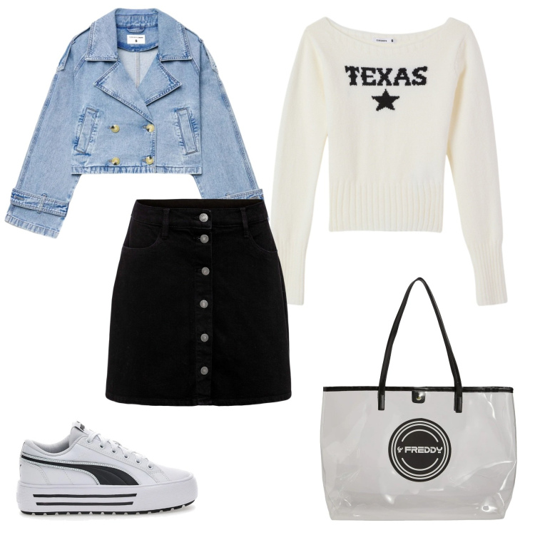 Outfit donna - Total look #2351725. Stile Casual per Scuola/Università. Abbinamento con gonne, maglieria, caban, shopping bag, sneakers.