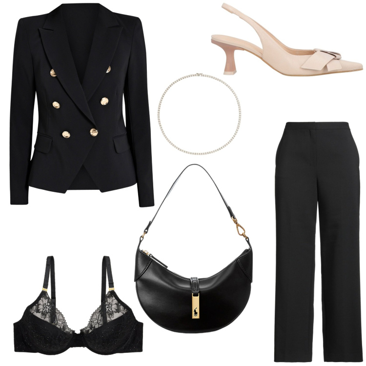 Outfit donna - Spring outfit. Stile Chic per Cerimonia. Abbinamento con décolleté, pantaloni, blazer, borse a spalla, reggiseni, collane.