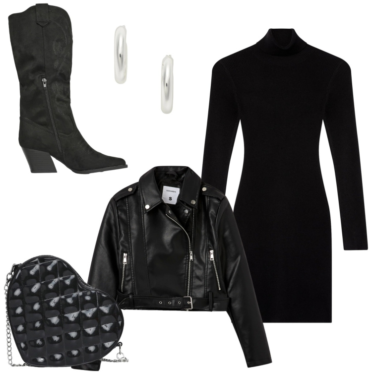 Outfit donna - La sera. Stile Casual chic per Serata fuori. Abbinamento con stivali, borse a tracolla, vestiti corti, giacche, orecchini.