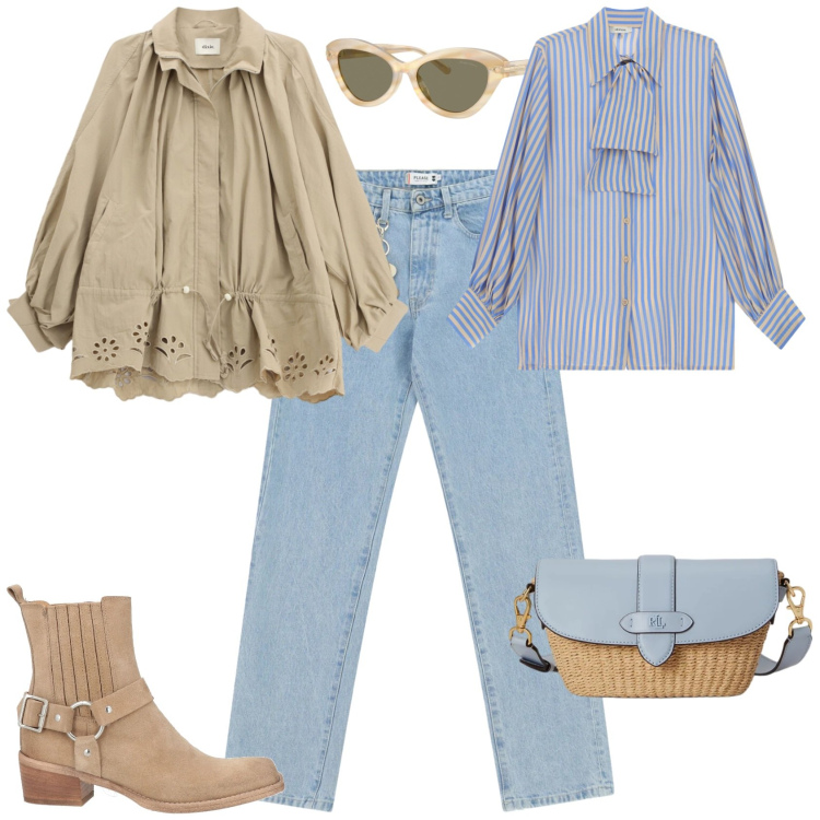 Outfit donna - Casual chic. Stile Casual chic per Tutti i giorni. Abbinamento con stivaletti texani, parka, camicie, jeans dritti, borse a spalla, occhiali da sole.