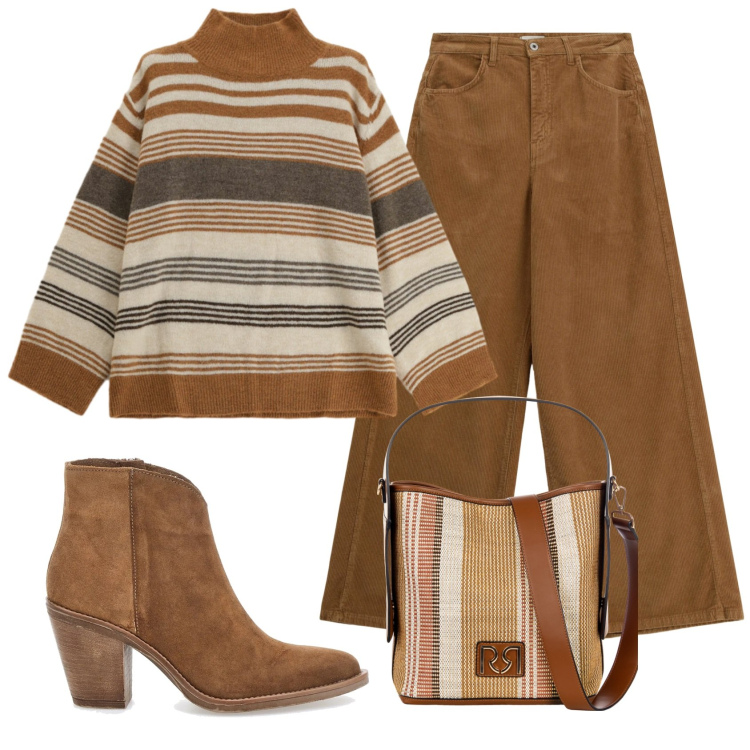 Outfit donna - Total look #2351742. Stile Basic per Ufficio. Abbinamento con pantaloni a palazzo, maglieria, borse a secchiello, stivaletti.