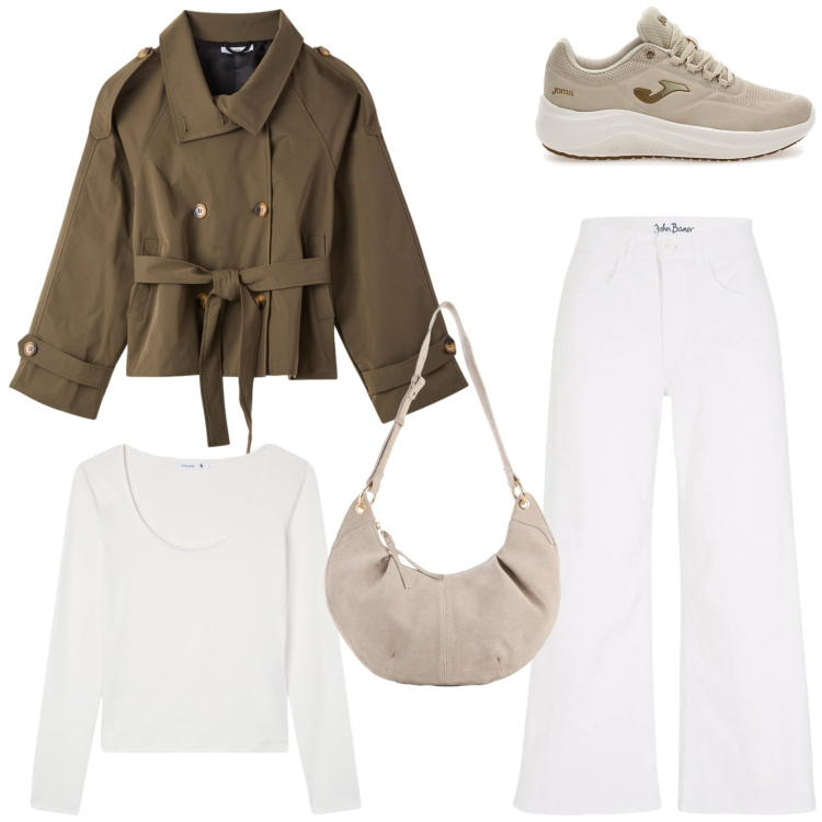 Outfit donna - Panna e cioccolato. Stile Chic per Tutti i giorni. Abbinamento con jeans, borse a tracolla, caban, t-shirt, sneakers.