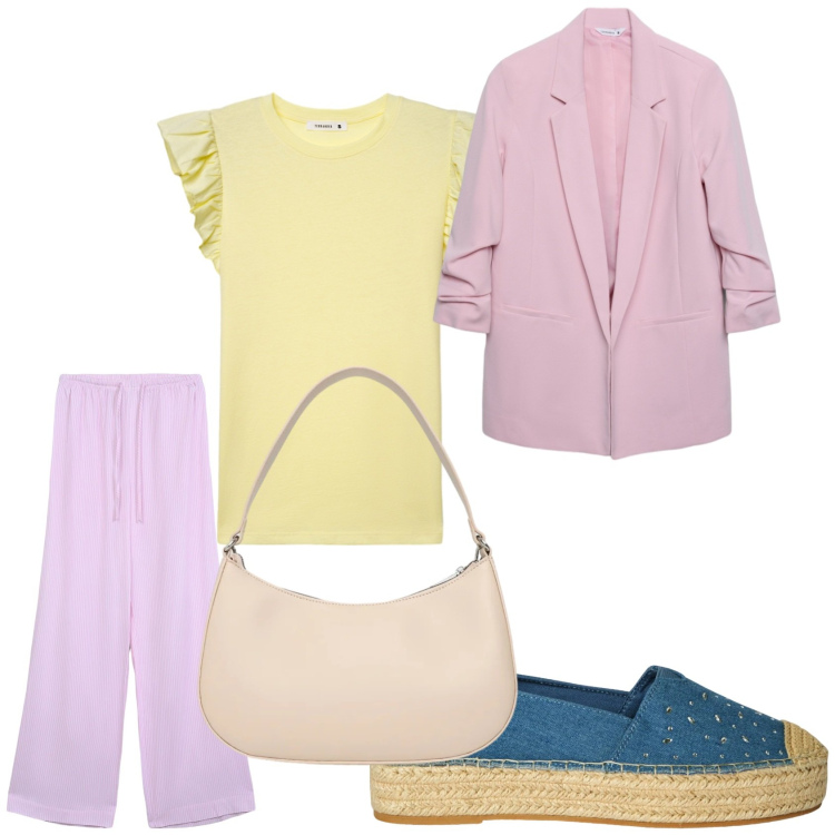 Outfit donna - Total look #2351747. Stile Casual per Tutti i giorni. Abbinamento con pantaloni, espadrillas, blazer, t-shirt, borse a tracolla.