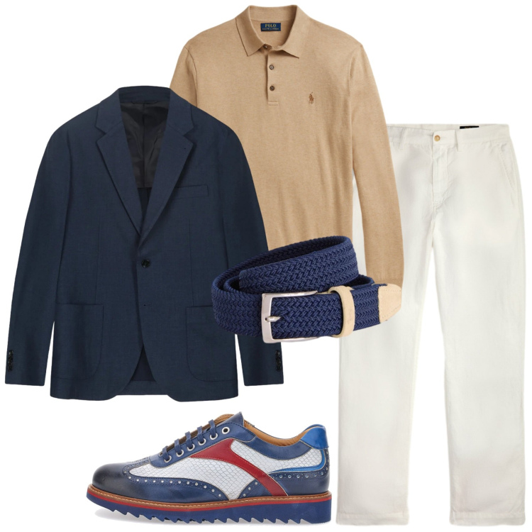 Outfit uomo - Al lavoro. Stile Casual per Ufficio. Abbinamento con cinture, maglieria, pantaloni, giacche, scarpe stringate.