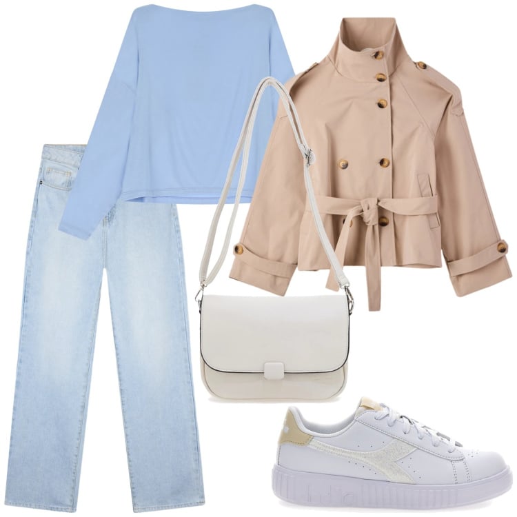 Outfit donna - Total look #2351751. Stile Casual per Tutti i giorni. Abbinamento con caban, jeans dritti, t-shirt, sneakers, borse a tracolla.