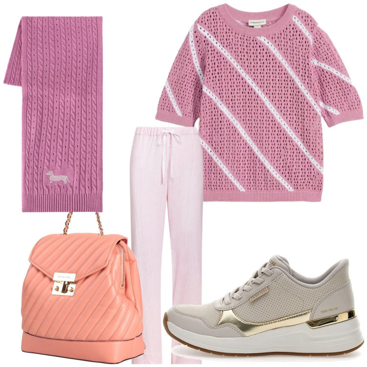 Outfit donna - Sneakers beige. Stile Casual per Tutti i giorni. Abbinamento con zaini, t-shirt, sciarpe, pantaloni, sneakers.
