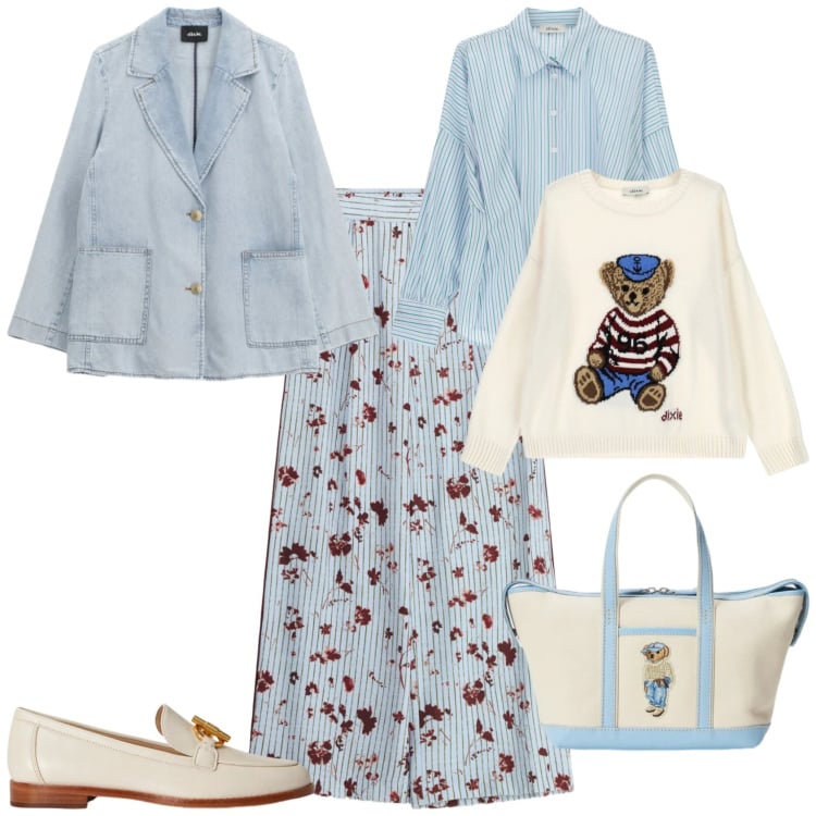 Outfit donna - Casual chic ufficio tempo libero. Stile Casual chic per Tutti i giorni. Abbinamento con pantaloni a palazzo, camicie, maglieria, blazer, mocassini, borse tote.