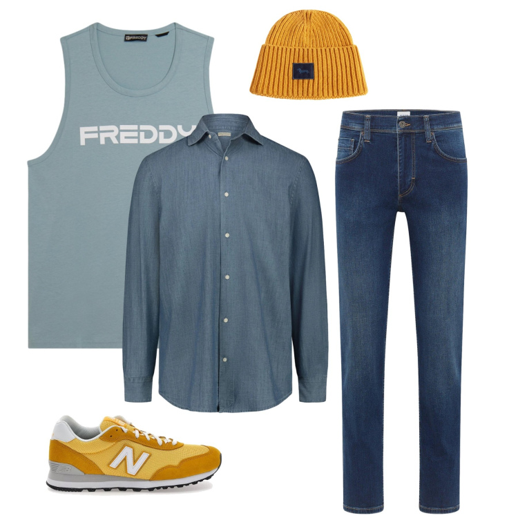Outfit uomo - Urban Denim & Mustard Energy. Stile Urban per Tutti i giorni. Abbinamento con jeans dritti, berretti, canottiere, sneakers, camicie.