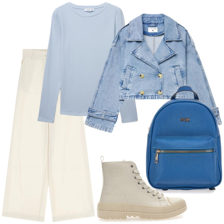 Outfit donna - Total look #2351756. Stile Urban per Tutti i giorni. Abbinamento con caban, t-shirt, pantaloni a palazzo, stivaletti, zaini.